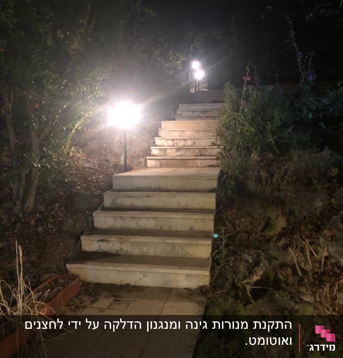 מדרגות מוארות עם פנסי גינה בלילה